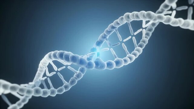 A 3D rendering of a DNA double helix structure twisting with a glowing blue light in a dark environment from a close-up viewpoint