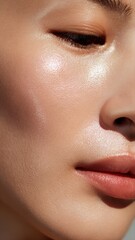 Naklejka premium Close-up of a Woman's Radiant Skin with Natural Highlight, Emphasizing Beauty and Skincare Routine