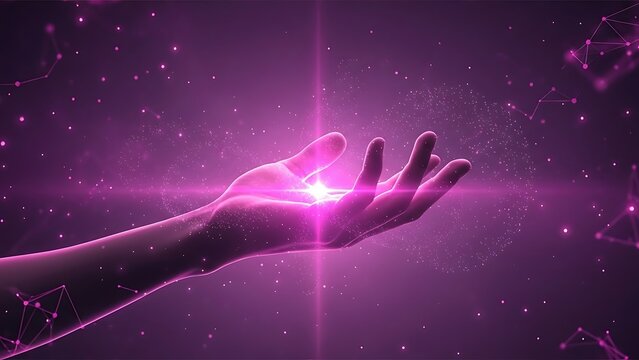 Hand with palm up holding glowing pink light energy with purple background and particles  science and technology concept