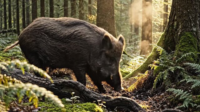 Wild boar in sundrenched forest with foraging amidst mossy roots and ferns.