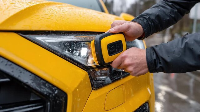 Technician restoring foggy headlight with buffing tool during cloudy weather enhancing vehicle appearance and safety.