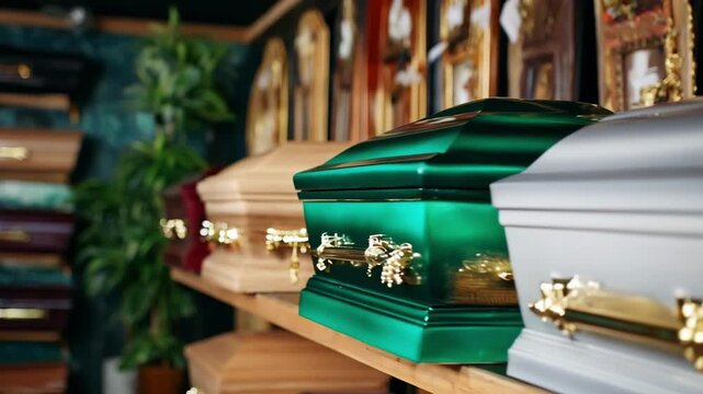 Medium shot focusing on a variety of coffin styles displayed together illustrating diverse material options for personalized burial selections.