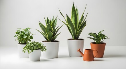Obraz premium Indoor plants and gardening essentials on white background