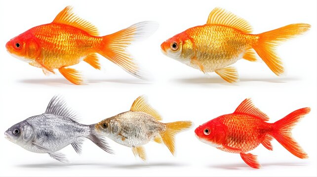 Collection of Goldfish Varieties Displayed on White Background, Ideal for Pet Store or Aquarium Concepts