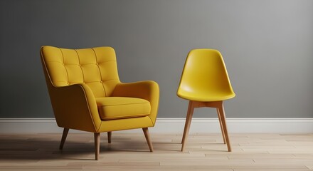 Obraz premium Two yellow chairs in a room with gray wall