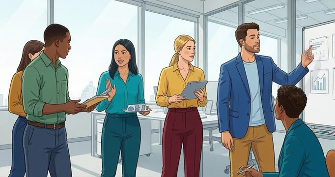Diverse team collaborative project presentation in modern office space