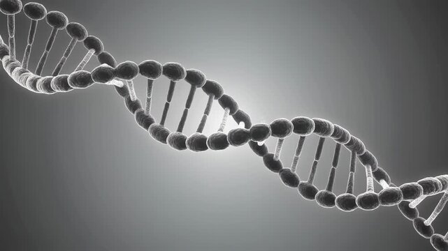 A close-up 3D rendering of a twisted DNA double helix structure rotating slowly in a gray gradient background as seen from a slight angle
