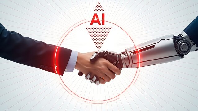 Human hand shaking robotic hand with AI logo and red circle on white background with lines