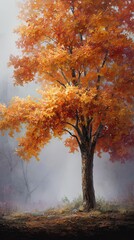 Fototapeta premium A vibrant autumn tree with bright orange leaves stands tall in a misty, serene landscape.