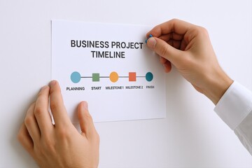 Business Project Timeline Roadmap Visual Displayed on White Paper Against White Wall with Human Hands