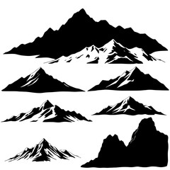 mountain, landscape, silhouette, vector, nature, hills, peaks, valley, skyline, horizon, scenery, scenic, outdoors, wilderness, terrain, alpine, ridge, range, forest, trees, minimal, simple, flat, gra © QPIXEL