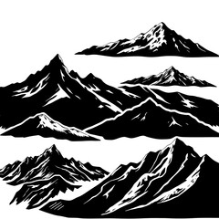 mountain, landscape, silhouette, vector, nature, hills, peaks, valley, skyline, horizon, scenery, scenic, outdoors, wilderness, terrain, alpine, ridge, range, forest, trees, minimal, simple, flat, gra © QPIXEL