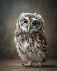 Obraz premium Adorable baby owl chick with bright eyes in sharp macro close-up on neutral background