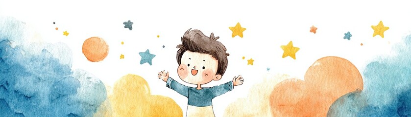 A cheerful boy joyfully reaching out to colorful stars and planets in a dreamy, watercolor night sky.