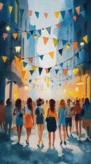 Naklejka premium A lively street scene with a crowd of people walking under colorful triangular flags and hanging lights in a bright urban setting.