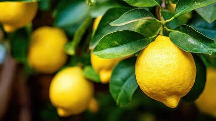 Vibrant Lemon Tree Branch: Fresh Citrus Fruit and Green Leaves in Natural Sunlight
