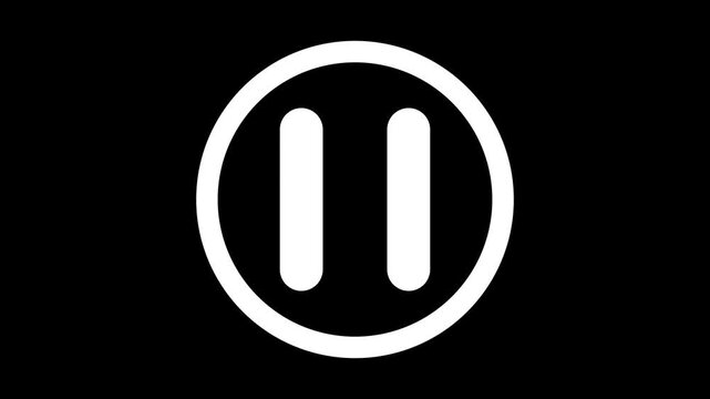 A clean white circular pause button featuring two prominent vertical parallel bars in the center, set against a stark black background, representing media playback control