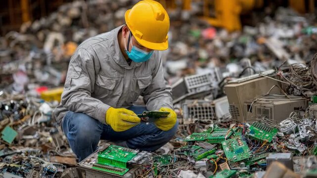 Worker wearing protective gear inspects ewaste pile before manual sorting demonstrating safe handling practices to prevent environmental contamination.