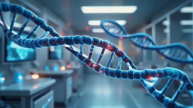 Close-up view of DNA helix structure in a modern laboratory setting, dna-41.mp4 reference