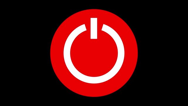 A bold white power button symbol is centrally placed within a bright red circle against a completely black background, signifying the universal symbol for turning a device on or off, or initiating