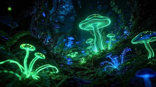 Glowing mushrooms in forest