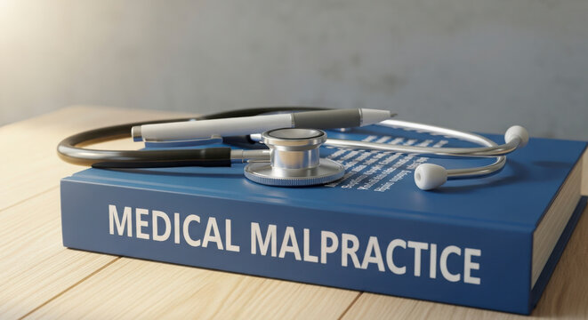 Medical malpractice book with stethoscope on top for healthcare professionals