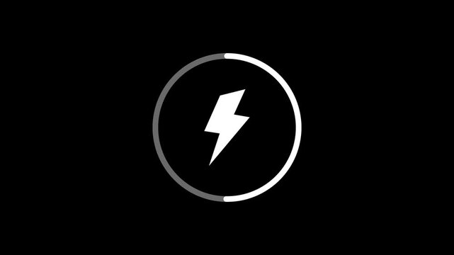 White lightning bolt symbol inside a circular progress bar with a grey outline and a white segment on a black background, indicating power or energy status