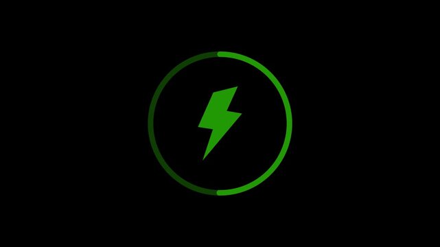 Green lightning bolt symbol inside a circular progress bar indicating charging or power status on a solid black background with no other present in the composition