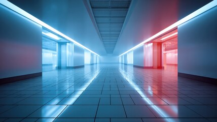 Fototapeta premium Futuristic Corridor with Blue and Red Neon Lights, Reflective Tiles, and Modern Architectural Design