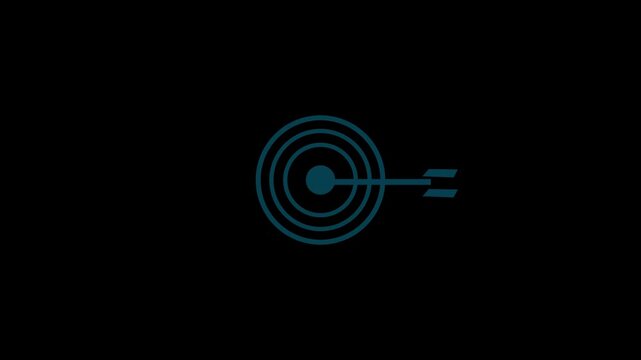 Teal blue abstract concentric circles target with an arrow symbol precisely aimed at the center, set against a deep black background, symbolizing strategic planning and achievement