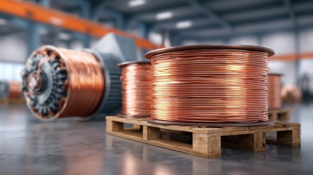 Copper Wire Spools on Pallet in Manufacturing Warehouse for Electrical or Telecommunications Industry