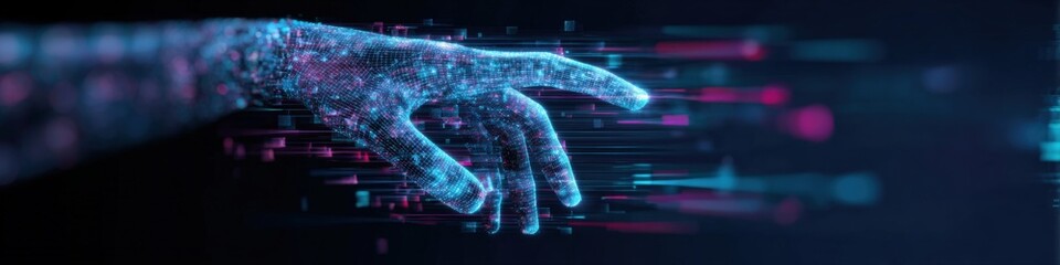 Obraz premium Abstract digital hand reaches out with vibrant data streams against a dark, modern technological background