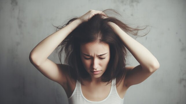 woman very sad and upset looking at damaged hair, hair loss, hair thinning problem, vitamin deficiency, baldness, postpartum, biotin, zinc, menstrual or endocrine disorders, hormonal imbalance