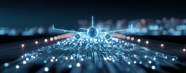 Digital Airplane on Runway: Futuristic Technology, Aviation, and Global Connectivity Concept with Glowing Lights
