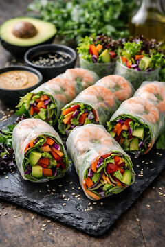 Fresh Shrimp and Vegetable Spring Rolls with Colorful Ingredients and Sauces
