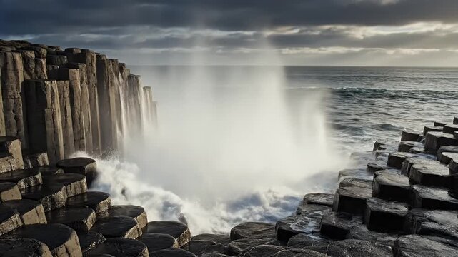 Crashing wave engulfs dark hexagonal basalt columns at sea