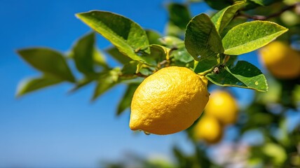 Vibrant Lemons Hanging on Tree Branch Against a Clear Blue Sky, Showcasing Fresh Citrus Fruits