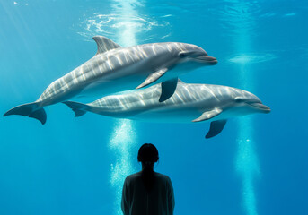 澄んだ青い大きな水槽の中を光を浴びながら優雅に回遊する二頭のイルカ