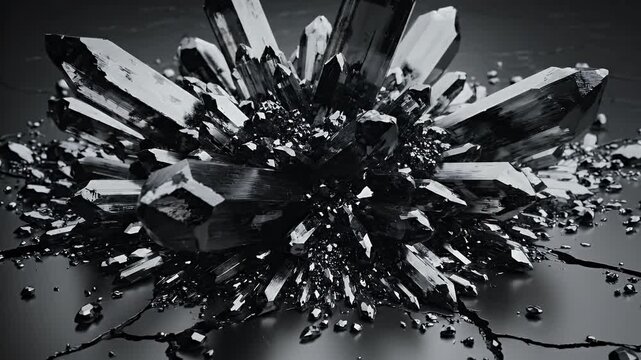 Dark, fractured crystalline cluster with sharp, reflective facets on a glossy surface