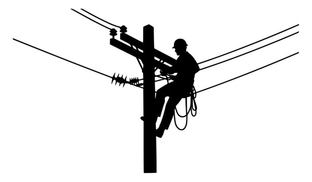 
Electrical power lineman silhouette vector climbing utility pole isolated on white