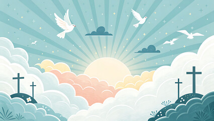 Heavenly scene with white doves flying over clouds and crosses on hills  serene landscape with sun rays and stars in blue sky transparent background