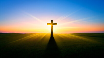 Iconic religious cross silhouette stands majestically against a vibrant sunset sky with dramatic sunbeams and rays illuminating a grassy field transparent background
