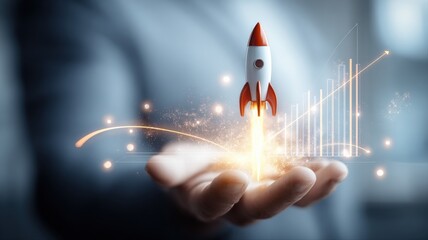 Rocket Launch on Hand with Growth Chart, Symbolizing Business Startup and Financial Success