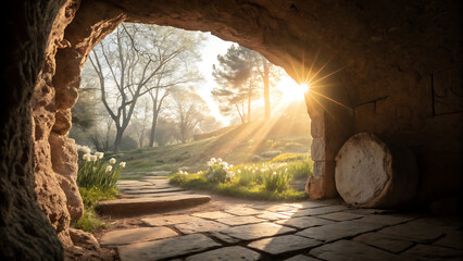 The empty tomb with a massive stone rolled away revealing bright morning sunbeams streaming through the cave entrance onto a path lined with daffodils transparent background