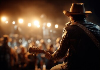Country musician performing live on stage with a crowd, under warm stage lights at night