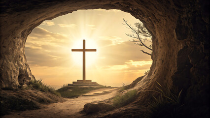 A serene cave entrance reveals a wooden cross illuminated by golden sunlight symbolizing hope faith and resurrection transparent background