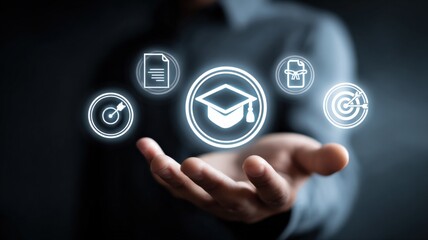 Fototapeta premium Hand Presenting Online Education Concept with Graduation Cap and Skill Icons for Business Success