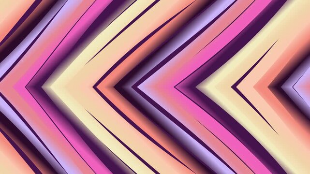 Vibrant abstract illustration featuring chevron patterns in dynamic motion with layered colors and sharp lines viewed from a direct perspective