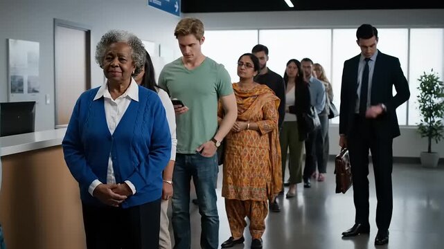 Diverse Group of People Standing Patiently in a Long Queue at a Service Center.