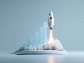 Rocket Launching Over Ascending Bar Graph: Symbolizing Business Growth, Startup Success, and Market Leadership
